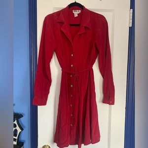 100% silk deep red shirtdress with mother of Pearl buttons